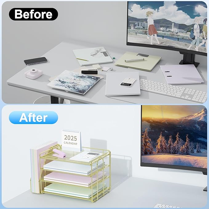 Spacrea Desk Organizers and Accessories, Paper Organizer for Desk with File Organizer, Desk Accessories & Workspace Organizers for Office Supplies (Gold)-DeskLoop Office