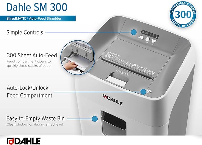 Dahle ShredMATIC SM 300 Auto-Feed Paper Shredder, Cross Cut, 300 Sheet Bin, German Engineered, Jam Protection, Oil Free, SmartPower, P-4 Security, Shreds CDs/Staples/Paper Clips/Credit Cards-DeskLoop Office