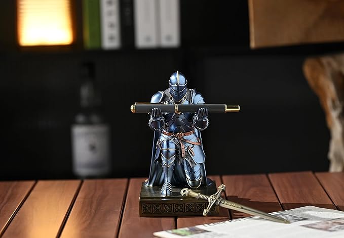 Medieval Armored Warrior Wearing Outerwear, Mobile Phone Stand Knight Pen Holder Desk Organizers, Resin Bookends Paperweight with a Letter Opener for Desk (Blue)-DeskLoop Office