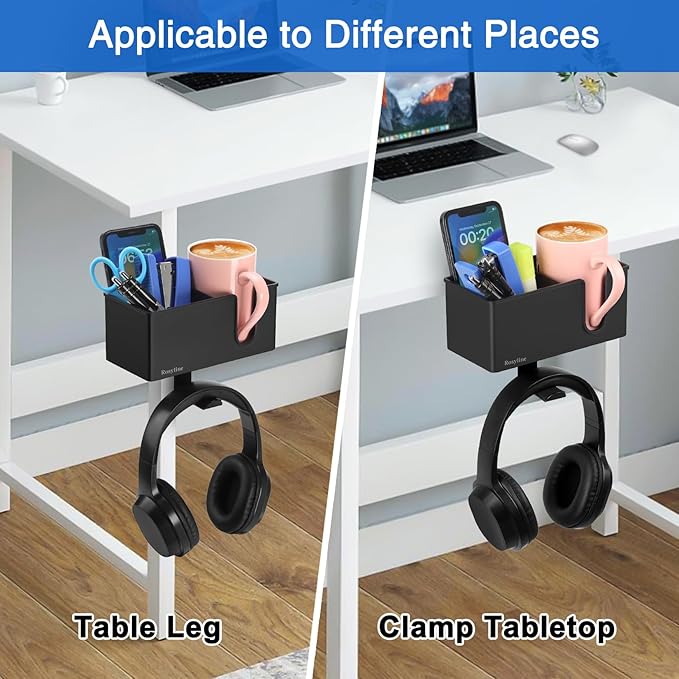 ROSLINE 3-in-1 Clip-on Desk Organizer - Pen, Headphone, and Cup Holder for Expanding Office and Gaming Space (Black)-DeskLoop Office