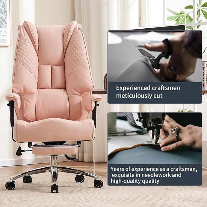 Big and Tall Office Chair 400lbs Wide Seat, Leather High Back Executive Office Chair with Foot Rest, Ergonomic Chairs Lumbar Support for Lower Back Pain Relief (Light Pink)-DeskLoop Office