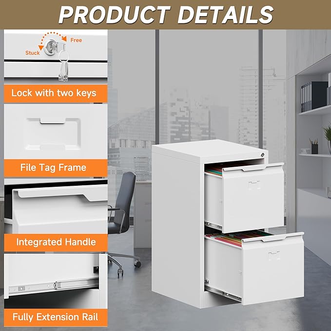 2 Drawer File Cabinet, Metal Vertical File Cabinets with Lock for Home Office, Locking File Cabinet Hanging Files for A4/ Legal/Letter, Assembly Required (White, 2 Drawer - 15" W)-DeskLoop Office