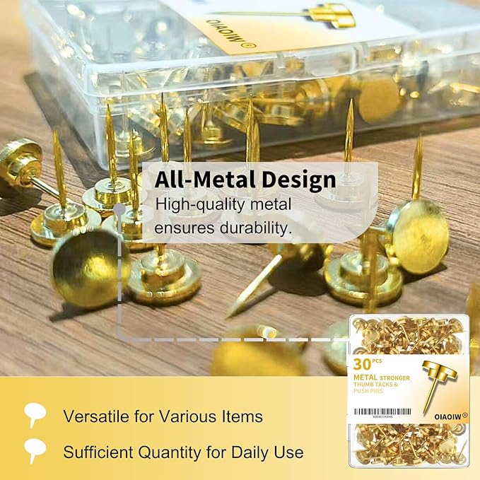 30 PCS Metal Gold Push Pins for Wall Clear Thumb Tacks for Walls Flat thumbtacks Push pin for Bulletin Board Shadow Box Display Thumbtack for Cork Board (Gold)-DeskLoop Office