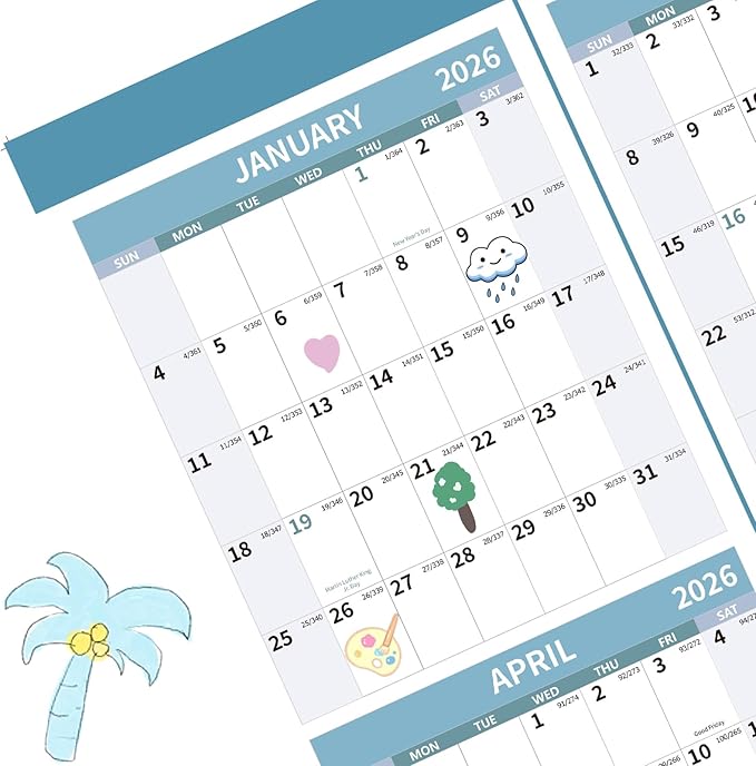 2026 Wall Calendar 34.8" x 22.8" Large Vertical Yearly Wall Hanging Calenda with Julian Date Thick Paper Calendar 12 Month Annual Wall Planner for Wall Office Fridge(Light Blue)-DeskLoop Office