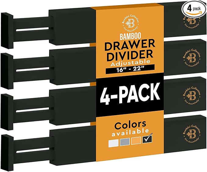 4 Pack Drawer Dividers Bamboo 2.6" High, 16-22" Adjustable Drawer Organizers for Clothes, Expandable Dresser Separators in Bedroom/Bathroom/Kitchen/Office Organization and Storage (Black)-DeskLoop Office