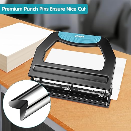 AFMAT Heavy Duty 3 Hole Punch, 50-Sheet, 50% Reduced Effort, Adjustable Two & Three Hole Punch, Metal Paper Puncher w/Large Chip Tray, Metal Paper Guide, Black-DeskLoop Office