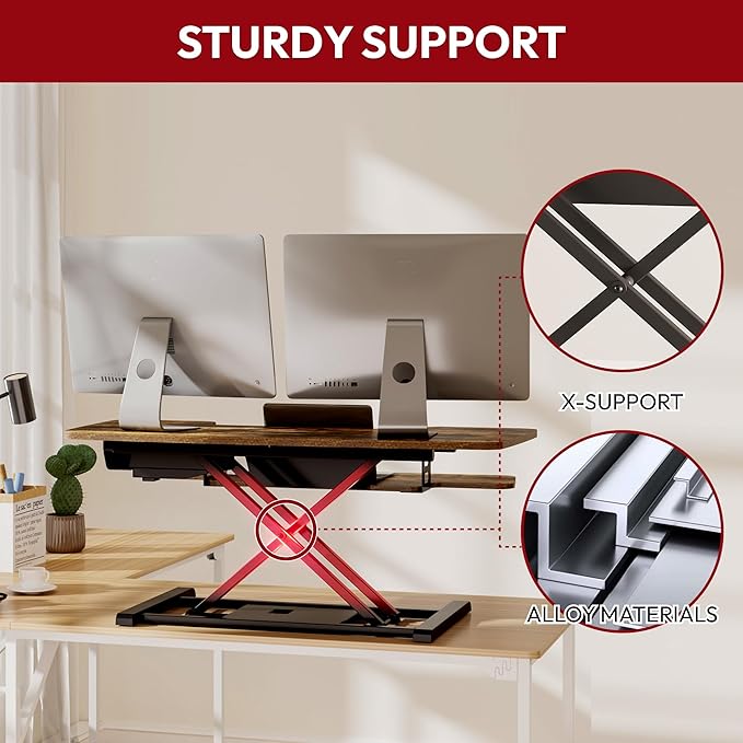 SANODESK Standing Desk Converter with Electric Motor 35" Height Adjustable Desk Riser for Office Home,Monitor and Laptop Workstation with Large Keyboard Tray,Rustic Color-DeskLoop Office
