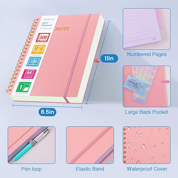 Spiral Notebook, 8.5” x 11” Notebooks for Work, 300 Numbered Pages College Ruled Notebook, Large Notebook for School with 24 Tabs, A4 Notebook Journal for Women Men, Thick Paper, Back Pocket, Pink-DeskLoop Office