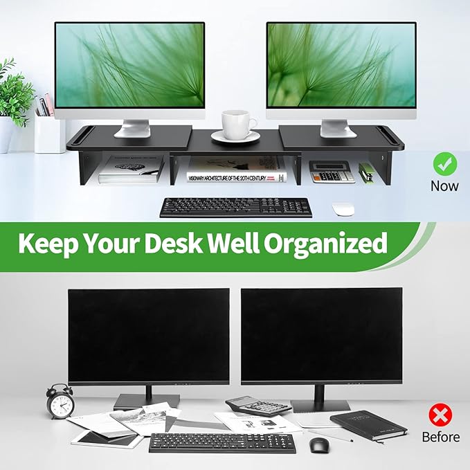 Zimilar Dual Monitor Stand Riser, Monitor Stand with Adjustable Length and Angle, Wood Monitor Stand for Desk, Monitor Riser for 2 Monitors with Storage Space-DeskLoop Office