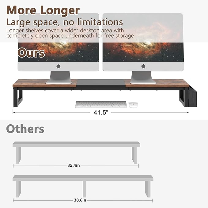 LAND·VOI Dual Monitor Stand Riser,41.5'' Long Monitor Stand for 2 Monitors, Wood Computer Riser with Pocket, Desktop Oraganizer with Pen Holder, Monitor Riser for Desk Computer,Laptop,TV, Rustic Brown-DeskLoop Office