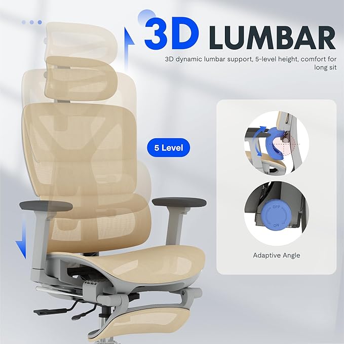 FLEXISPOT ErgoX Premium Ergonomic Office Chair with Footrest- Adjustable 3D Armrests, Dynamic Lumbar Support, Recline & Tilt Function, Mesh Seat, for Home & Office Use,Cream-DeskLoop Office