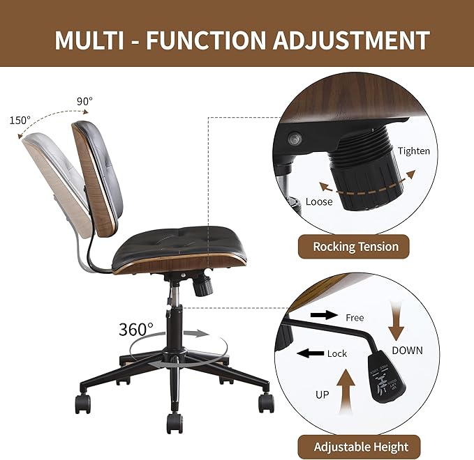 Small Home Office Chair - Armless Mid Back Desk Chair with 360° Swivel and Wheels, PU Upholstered Height Adjustable Modern Walnut Computer Chair for Home, Office Meeting Room - Black-DeskLoop Office