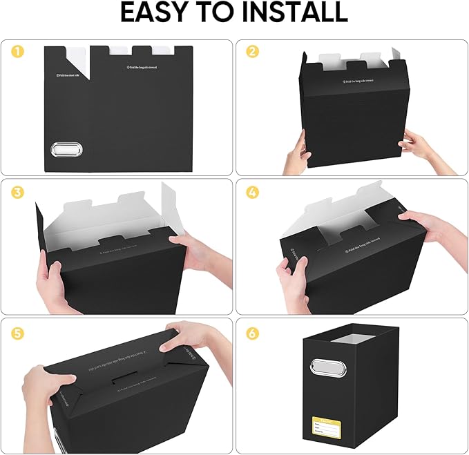 BALEINE File Organizer Box, Cardboard File Folder Organizer with Handle for Letter Size, Portable Collapsible Hanging Filing Box for Home Office Document Storage (4 Pack, Black)-DeskLoop Office