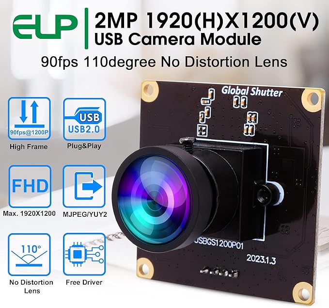 ELP High Speed Wide Angle Global Shutter USB Camera Module for Computer 1080P Mini UVC USB2.0 Webcam Board with 110degree No Distortion Lens AR0234 High Frame 90fps Web PC Camera Board for Laptop-DeskLoop Office