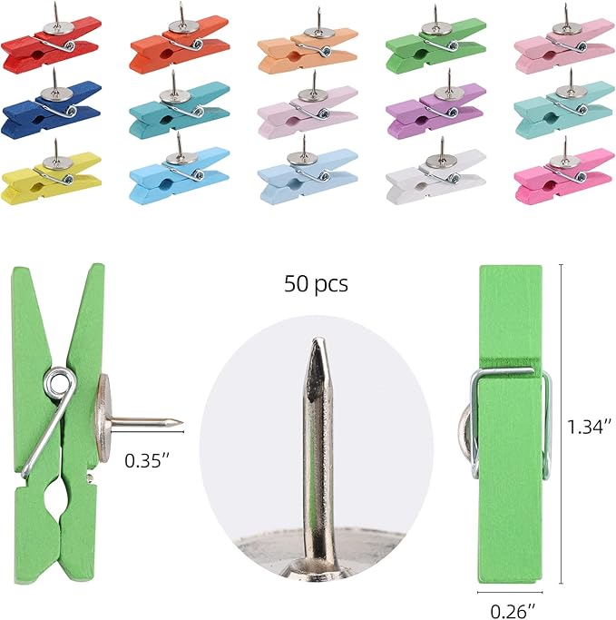 50Pcs Wooden Clips Push Pins Tacks for Cork Board Artwork for Crafts Arts Projects Photo Supplies(Colorful)-DeskLoop Office