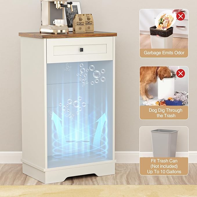 Tilt Out Trash Can, Farmhouse Kitchen Trash Cabinet w/Negative Ion, Dog Proof 10 Gallon Garbage Can for Kitchen, Bathroom, Living Room, White-DeskLoop Office
