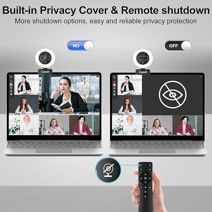 4K Webcam with Light, HD Webcam for PC with Remote Control, Built-in Privacy Cover, Adjustable Brightness, Noise Reduction Mics, for Zoom Skype Teams Laptop and Google Meet-DeskLoop Office