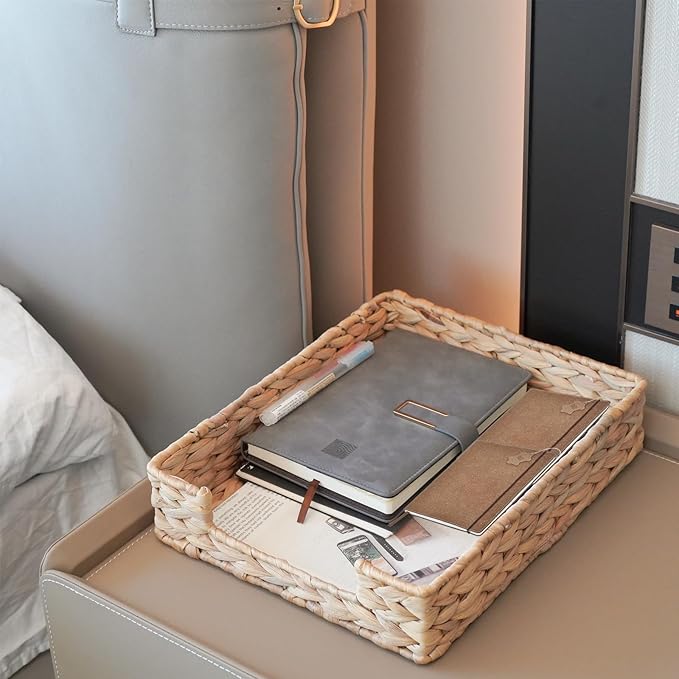 PINXIURY Water Hyacinth Letter Tray for A4 File Desk Mail Letter-Size Paper, Basket Woven Organizer, Magazine Files Storage, Office Document Organizer and Storage-DeskLoop Office