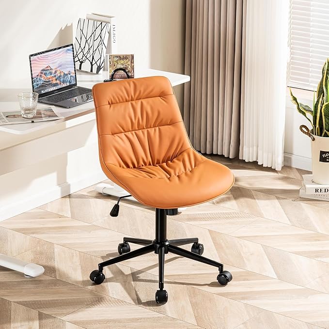 Kidol & Shellder Faux Leather Office Chair, Adjustable Swivel Height Task Chair, Rolling Wheels & Soft Backrest - Armless Ergonomic Desk Chair for Home, Office,Vanity,Gaming(Orange)-DeskLoop Office