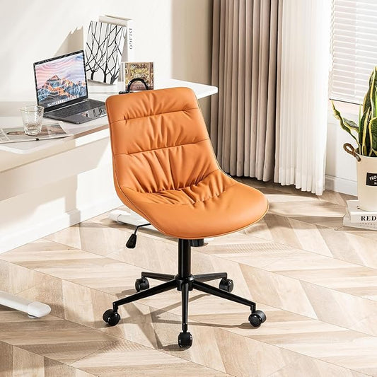 Kidol & Shellder Faux Leather Office Chair, Adjustable Swivel Height Task Chair, Rolling Wheels & Soft Backrest - Armless Ergonomic Desk Chair for Home, Office,Vanity,Gaming(Orange)-DeskLoop Office