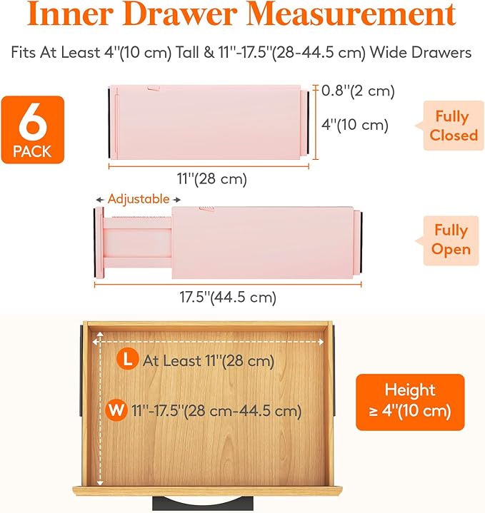 Lifewit 6 Pack Drawer Dividers 4" High, 11-17" Adjustable Drawer Organizers for Clothes, Expandable Dresser Separators in Bedroom/Bathroom/Kitchen/Fridge/Office Organization and Storage, Pink-DeskLoop Office