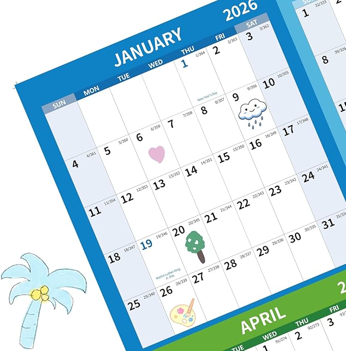 2026 Wall Calendar 34.8" x 22.8" Large Vertical Yearly Wall Hanging Calenda with Julian Date Thick Paper Calendar 12 Month Annual Wall Planner for Wall Office Fridge(Colorful)-DeskLoop Office