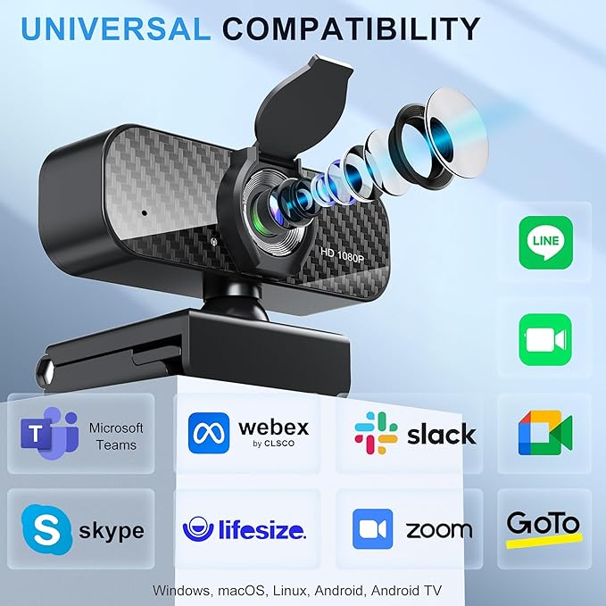 Webcam Full HD 1080P with Built-in Microphone and Rotatable Tripod, Carbon Fiber Board and Privacy Cover, Auto Light Correction, Adjustable FOV, Plug&Play for Zoom/Skype/Facetime/YouTube, Laptop/PC-DeskLoop Office