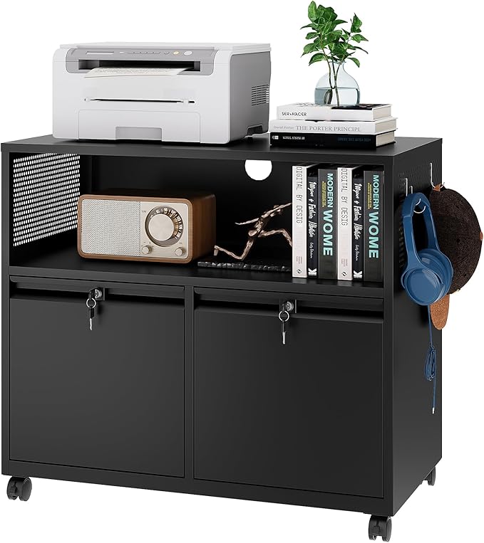 Mobile Filing Cabinet with Lock,Metal Lateral File cabinets Printer Stand with Storage Cabinets for Home Office,A4/F4/Letter (Black)-DeskLoop Office