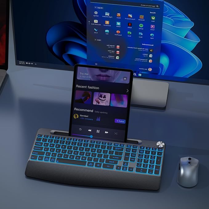 Backlit Keyboard and Mouse Combo, 7 Colors Wireless Keyboard Ergonomic with Wrist Rest and Volume Knob,Phone Holder,Rechargeable with Light Up Keyboard for Laptop, PC, Mac, Windows -Black-DeskLoop Office