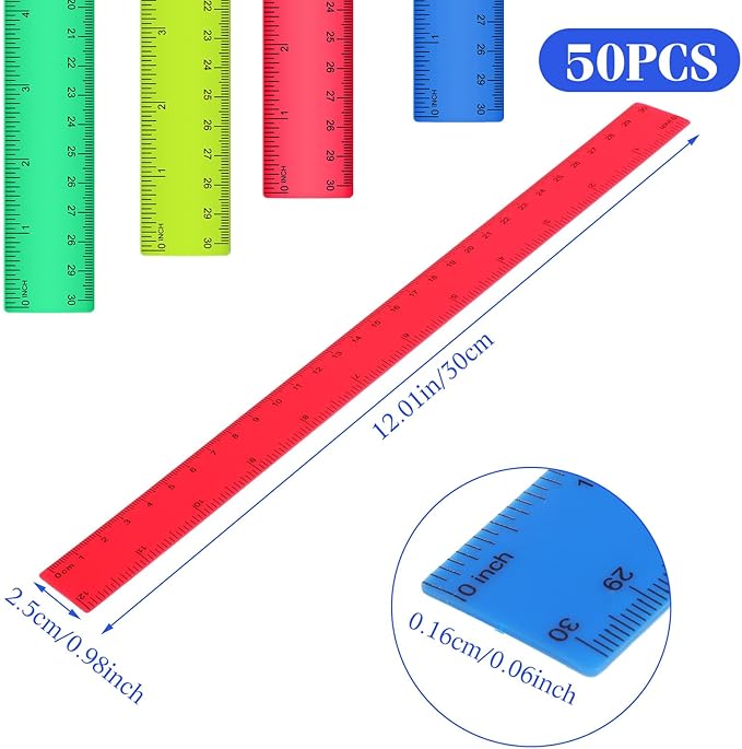 Zonon 50 Pcs 6 Inch/12 Inch Plastic Rulers Bulk Flexible Straight Rulers with Inches Centimeters First Day of School Gift Students Back to School Office Home Supplies(Colorful,12 Inch)-DeskLoop Office