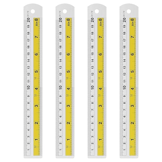 HARFINGTON 4pcs Metal Straight Ruler 20cm Metric SAE Aluminum Alloy Measuring Rulers Scale Tool with Hole for Measure Study Reading Classroom Office, Yellow-DeskLoop Office