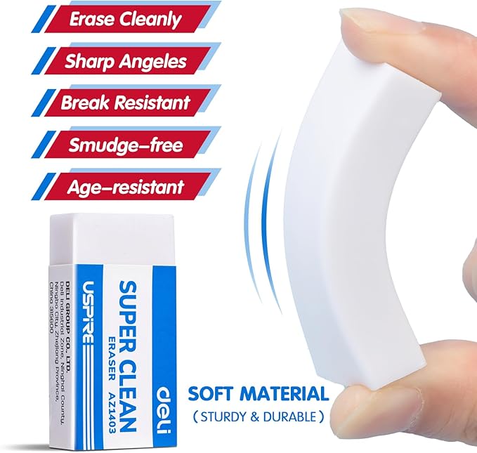 Deli Pencil Erasers, Pencil Eraser, 72 Pack, White Erasers, Erasers for Drawing, Kids, Artist, White, Large-DeskLoop Office