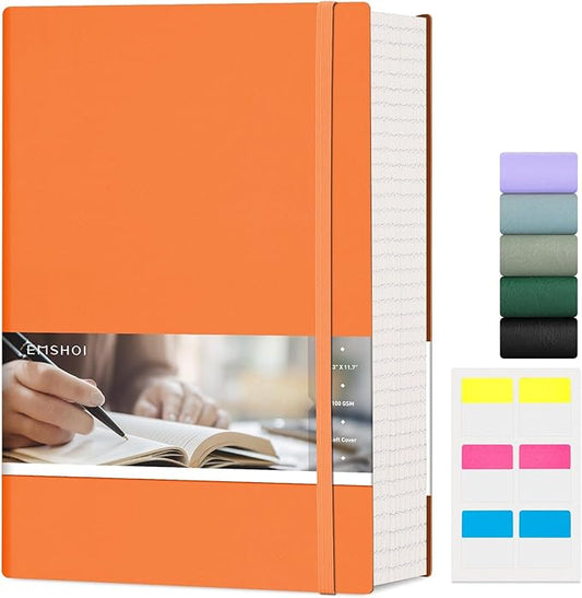 EMSHOI A4 College Ruled Notebook Journal- 400 Pages (200 sheets), 7mm Spacing & Vegan Leather Cover for Work, School, Bible Study, Bullet Journaling- with Sticky Notes, Pocket & Pen Holder - Orange-DeskLoop Office