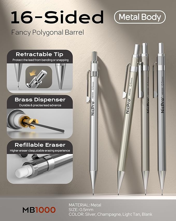 Nicpro 37PCS Art Mechanical Pencil Set, Metal Drafting Pencils 0.5 mm, 0.7 mm, 0.9 mm & 2mm Lead Pencil Holder (6B 4B 2B HB 2H 4H Colors) For Sketching Drawing With 20 Tube Lead Refills Eraser Case-DeskLoop Office