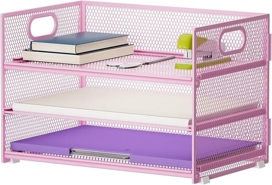 Marbrasse 3 Tier Paper Organizer Letter Tray, Mesh File Organizer with Handle, Paper Sorter Desk Organizer for Home Office Supplies(Pink)-DeskLoop Office