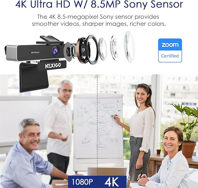 NexiGo Zoom Certified, N950P 4K Zoomable Webcam with Remote Control, Sony_Starvis Sensor, 5X Digital Zoom, Pro Web Camera with Dual Stereo Mics, for Zoom Skype Teams Twitch-DeskLoop Office
