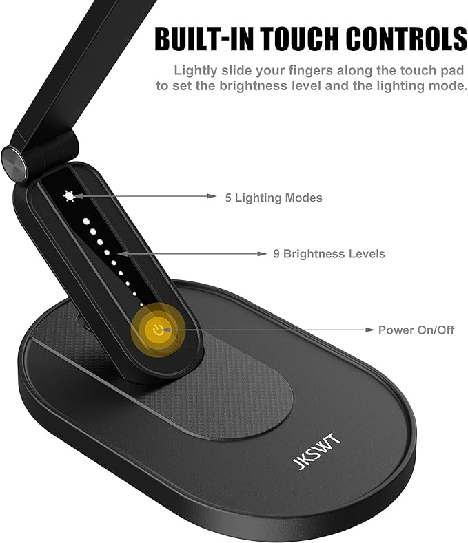 JKSWT LED Desk Lamp, Eye-Caring Table Lamps Natural Light Protects Eyes Dimmable Office Lamp with 5 Color Modes USB Charging Port Touch Control and Memory Function, 10W Reading Lamp,Black-DeskLoop Office