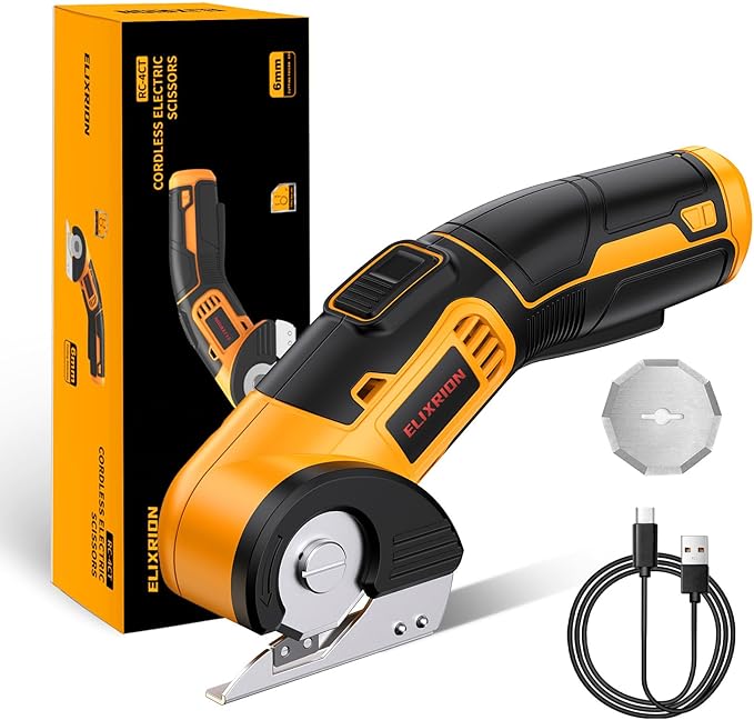 Cordless Electric Scissors Rotary Cutter with 2 Blades | 4V 2000mAh Rechargeable | Heavy Duty for Cardboard Fabric Carpet Leather | Lightweight Portable (Yellow)-DeskLoop Office