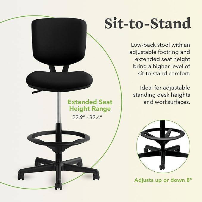HON Volt Standing Desk Chair, Leather Office Chair with Foot Rest, Armless, Ergonomic Recline and Center Tilt, for Computers, Offices, Work, Black-DeskLoop Office