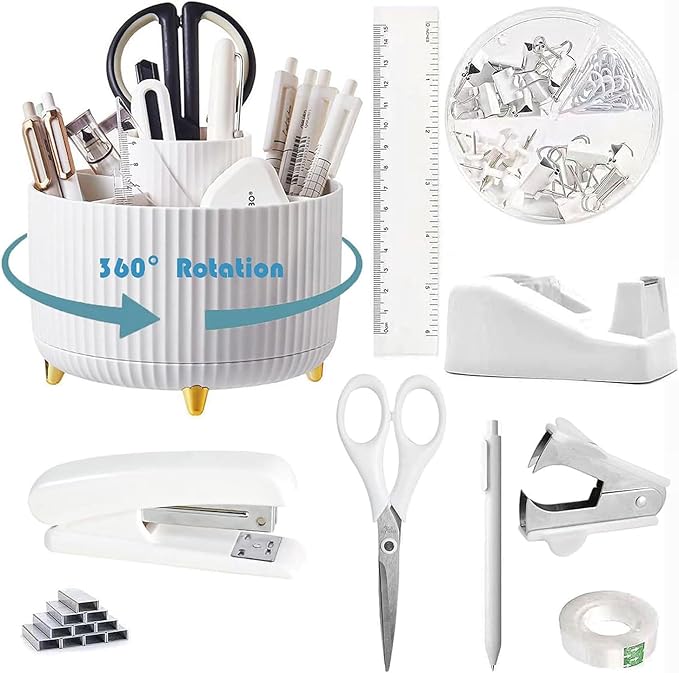 White Desk Organizers and Accessories 10Pcs Set with 360-Degree Rotating Pen Holder, Tape Dispenser, Stapler, Staple Remover, 1000 Staples, Tape, Clips Set, Ruler, Scissor, Pen (White)-DeskLoop Office