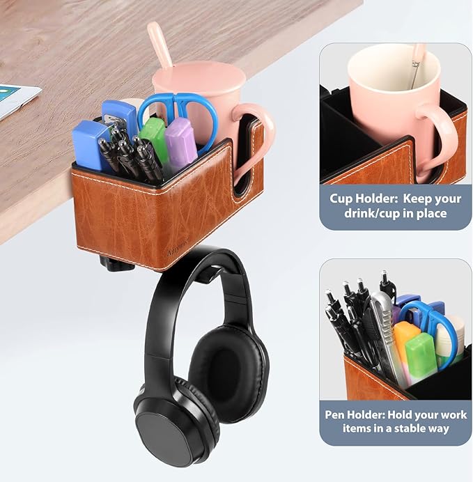 Desk Cup Holder Clip on Pen Holder Headphone Hanger Headset Stand Rotatable Clamp Hook Under Desk (Light Brown)-DeskLoop Office