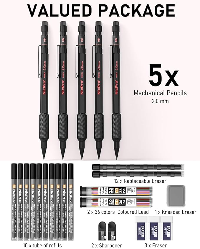 Nicpro 5 Pack 2mm Mechanical Pencils Set with Case, 65 Graphite Lead Refills (6B 4B 2B HB 2H 4H), 72 Colored Lead, Erasers -Weatherproof Metal Barrel, Heavy Duty Carpenter Pencil For Drawing Sketching-DeskLoop Office