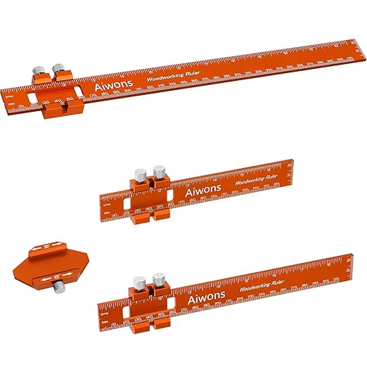 Woodworking Ruler Pocket Rule -12/8/6 Inch Precision Pocket Ruler with 45°& 30°Metal Slide Stop - Wood Marking Ruler Metric Inch Measuring Scribing Rulers - Aluminum Alloy Square Ruler-DeskLoop Office