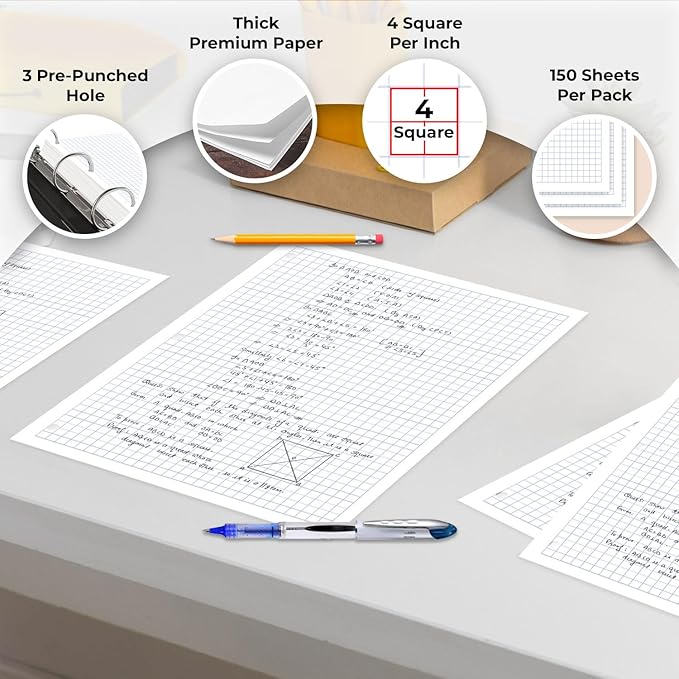 24 Pack Graph Paper Bulk, 3600 Sheets, Bulk Loose Leaf Paper, 4x4 Grid Paper, 8" x 10.5", Quad Ruled Bulk Filler Paper, 54 GSM, 3 Hole Punched for Binders, Bulk Graphing Paper, Bulk Paper