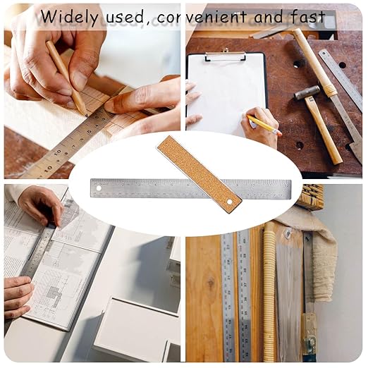 Metal Ruler 6 Inch 12 Inch Stainless Steel Metal Ruler with Cork Backing, Non-Slip Rulers with Inch and Centimeters, Straight Edge Cork Base Rulers for Student School Office Drafting Tools-DeskLoop Office