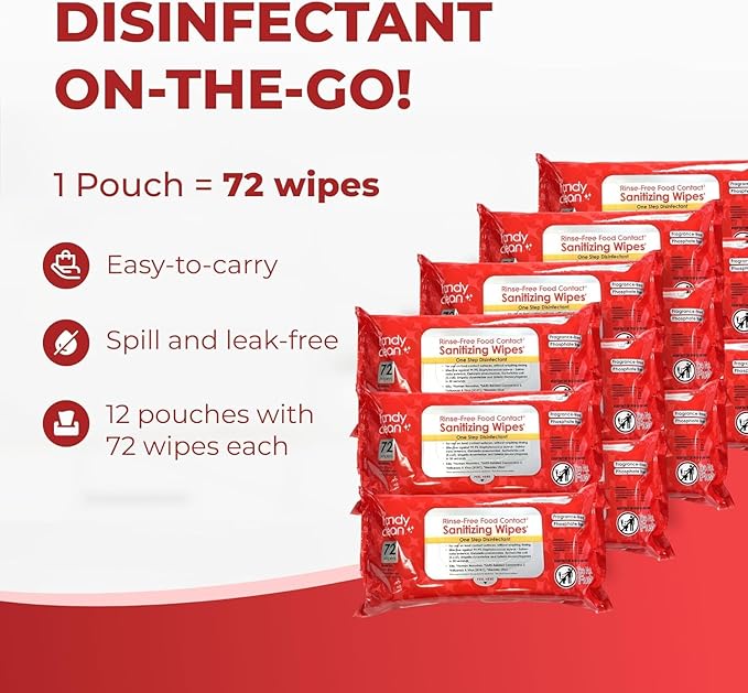 HandyClean Rinse-Free Food Contact Sanitizing Wipes Pouch, Multi Surface Cleaning Supplies for Kitchen and Professional Setting - 12 pack, 864 count-DeskLoop Office