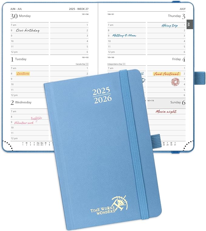 POPRUN Pocket Planner 2025-2026, (Purse Size 4''x 6.25'' Hard Cover) Academic Year Calendar Daily Weekly and Monthly (July 25-June 26) with Hourly Time Slots, 100 GSM Paper - Haze Blue-DeskLoop Office