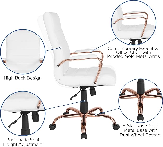Flash Furniture Whitney High-Back Swivel LeatherSoft Desk Chair with Padded Seat and Armrests, Adjustable Height Padded LeatherSoft Office Chair, White/Rose Gold-DeskLoop Office