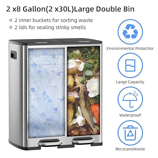 KUK 60 Liter / 16 Gallon Dual Trash Can with Lid, Stainless Steel Kitchen Step Garbage Can, 2 x 8 Gal Double Compartment Classified Rubbish Bin with 2 Plastic Inner Buckets Silver-DeskLoop Office