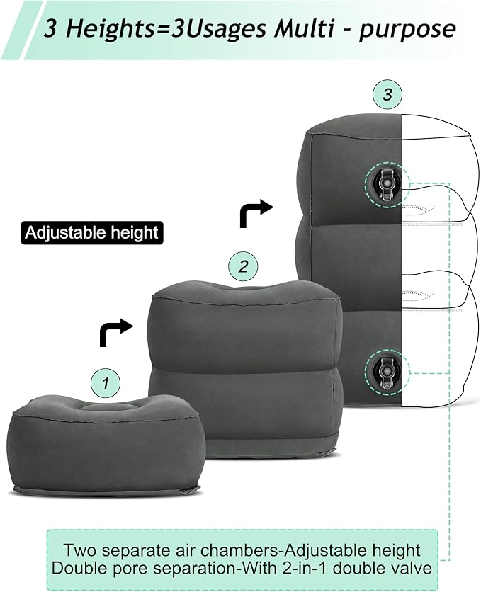 JefDiee Inflatable Travel Foot Rest Pillow, Kids Airplane Bed, Adjustable 3 Layers Height Leg Rest Pillow, Adults Travel Essentials Great for Airplane, Office, Home, Trains, Cars (2 Pack-Dark Grey)-DeskLoop Office